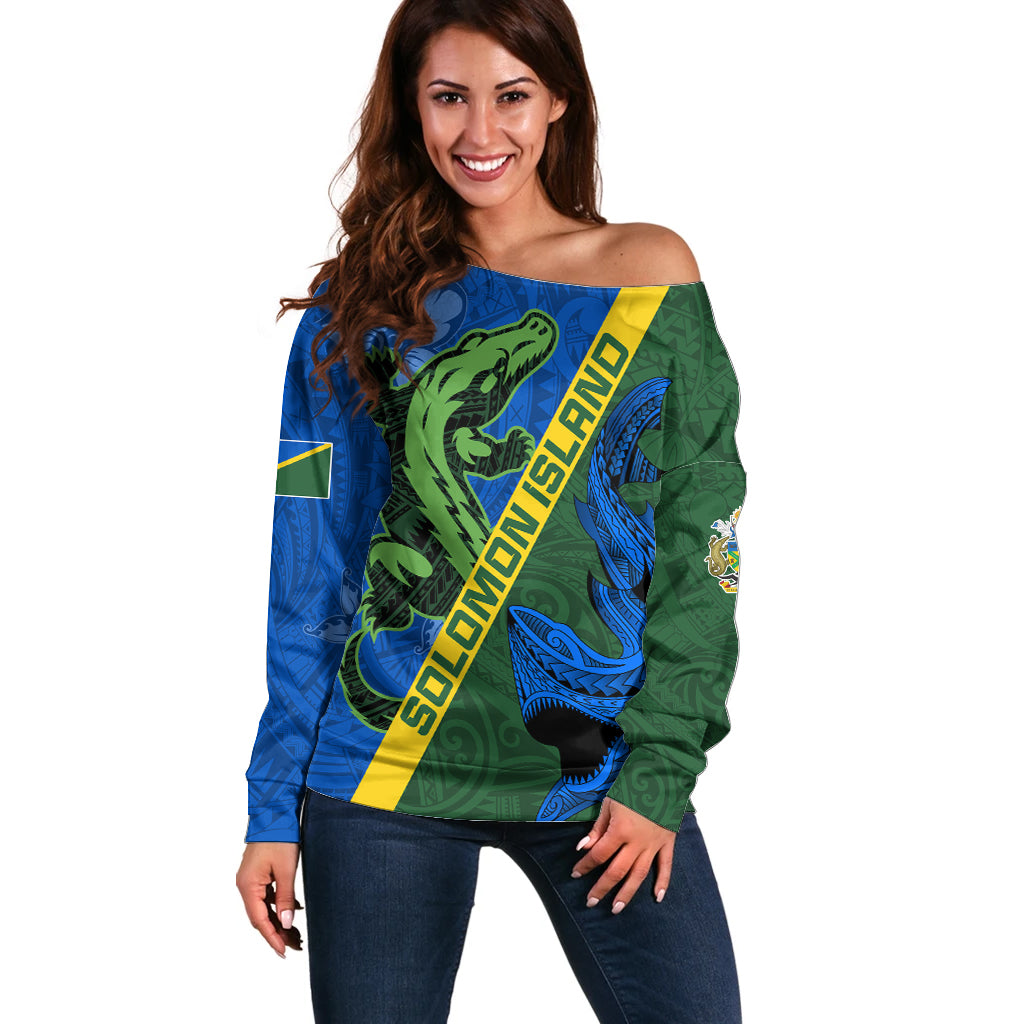 Solomon Island Crocodile and Shark Off Shoulder Sweater Polynesian Pattern