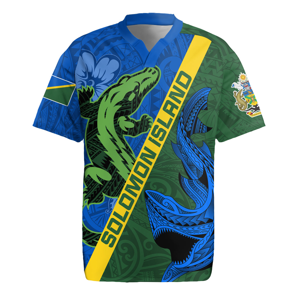 Solomon Island Crocodile and Shark Rugby Jersey Polynesian Pattern