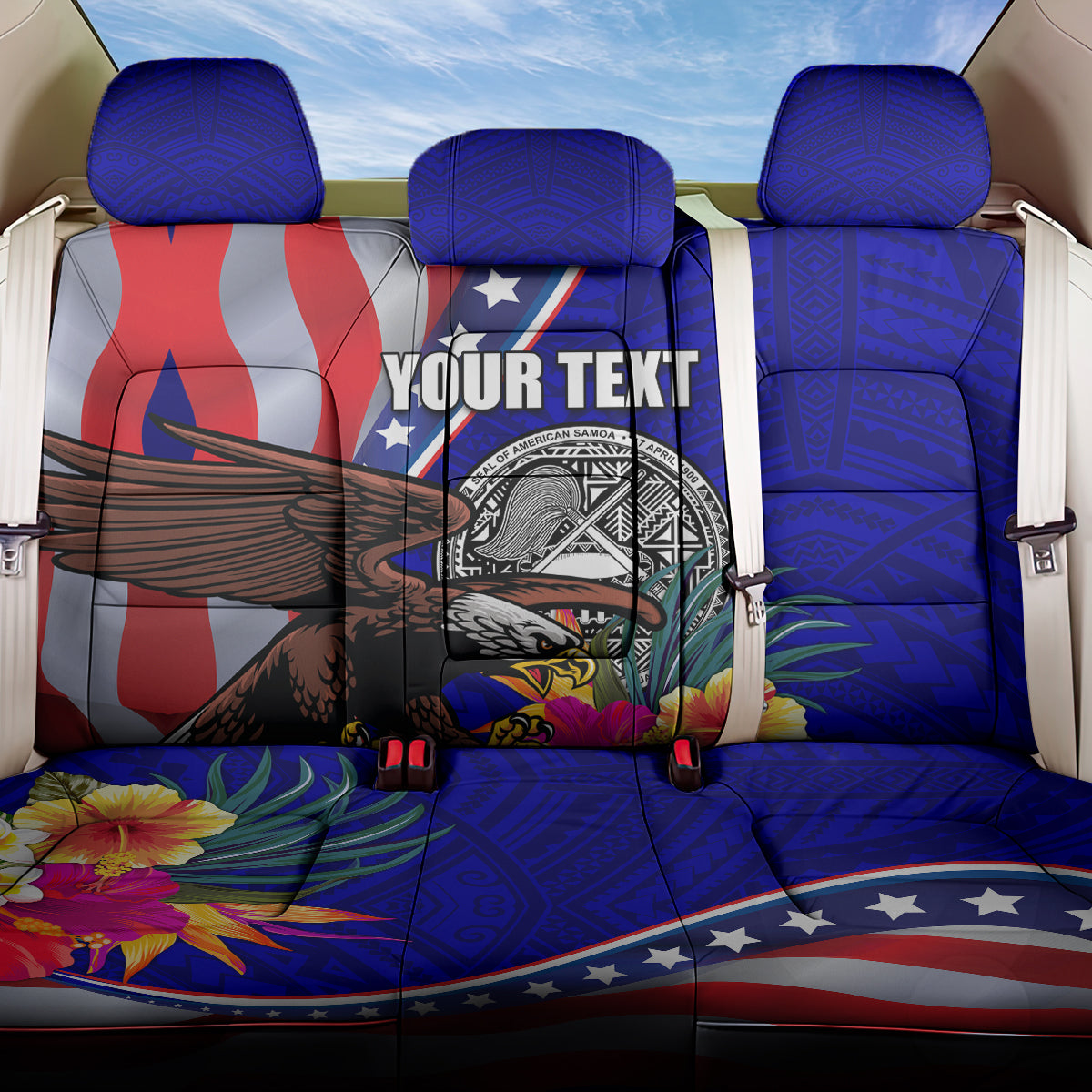 Personalised American Samoa and United States Back Car Seat Cover Bald Eagle and Seal Hibiscus Polynesian Pattern