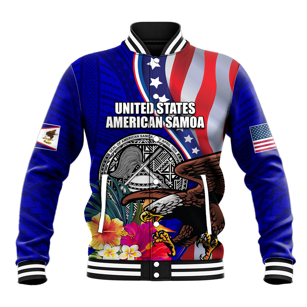 Personalised American Samoa and United States Baseball Jacket Bald Eagle and Seal Hibiscus Polynesian Pattern LT03 Unisex Blue - Polynesian Pride