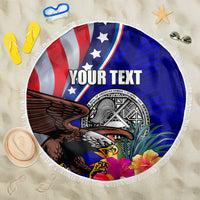 Personalised American Samoa and United States Beach Blanket Bald Eagle and Seal Hibiscus Polynesian Pattern LT03 One Size 150cm Blue - Polynesian Pride