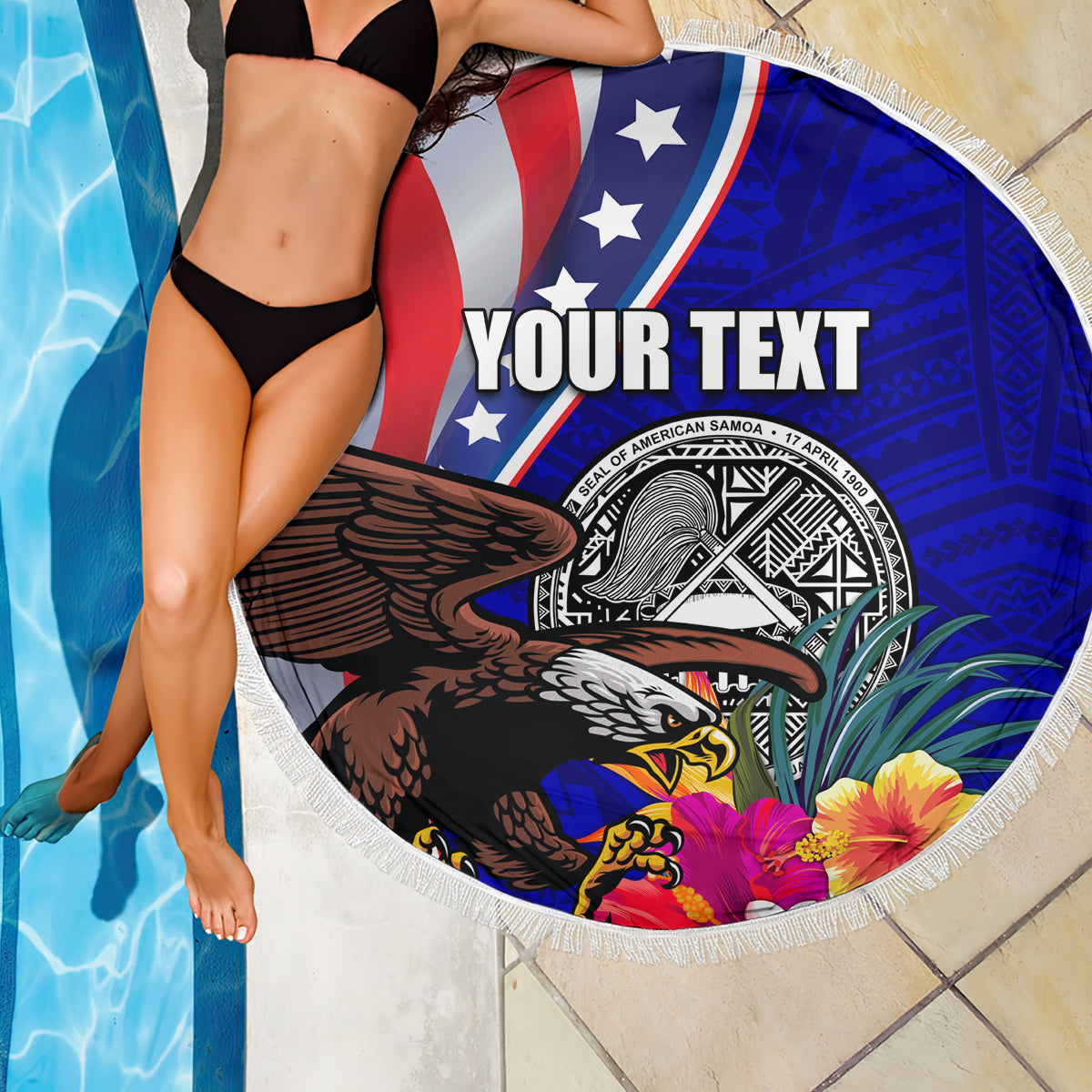 Personalised American Samoa and United States Beach Blanket Bald Eagle and Seal Hibiscus Polynesian Pattern LT03 - Polynesian Pride