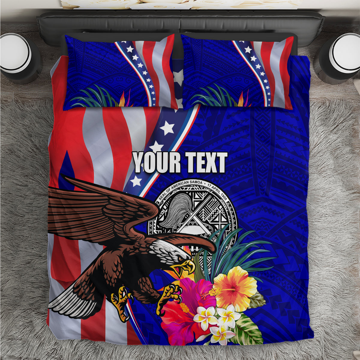 Personalised American Samoa and United States Bedding Set Bald Eagle and Seal Hibiscus Polynesian Pattern