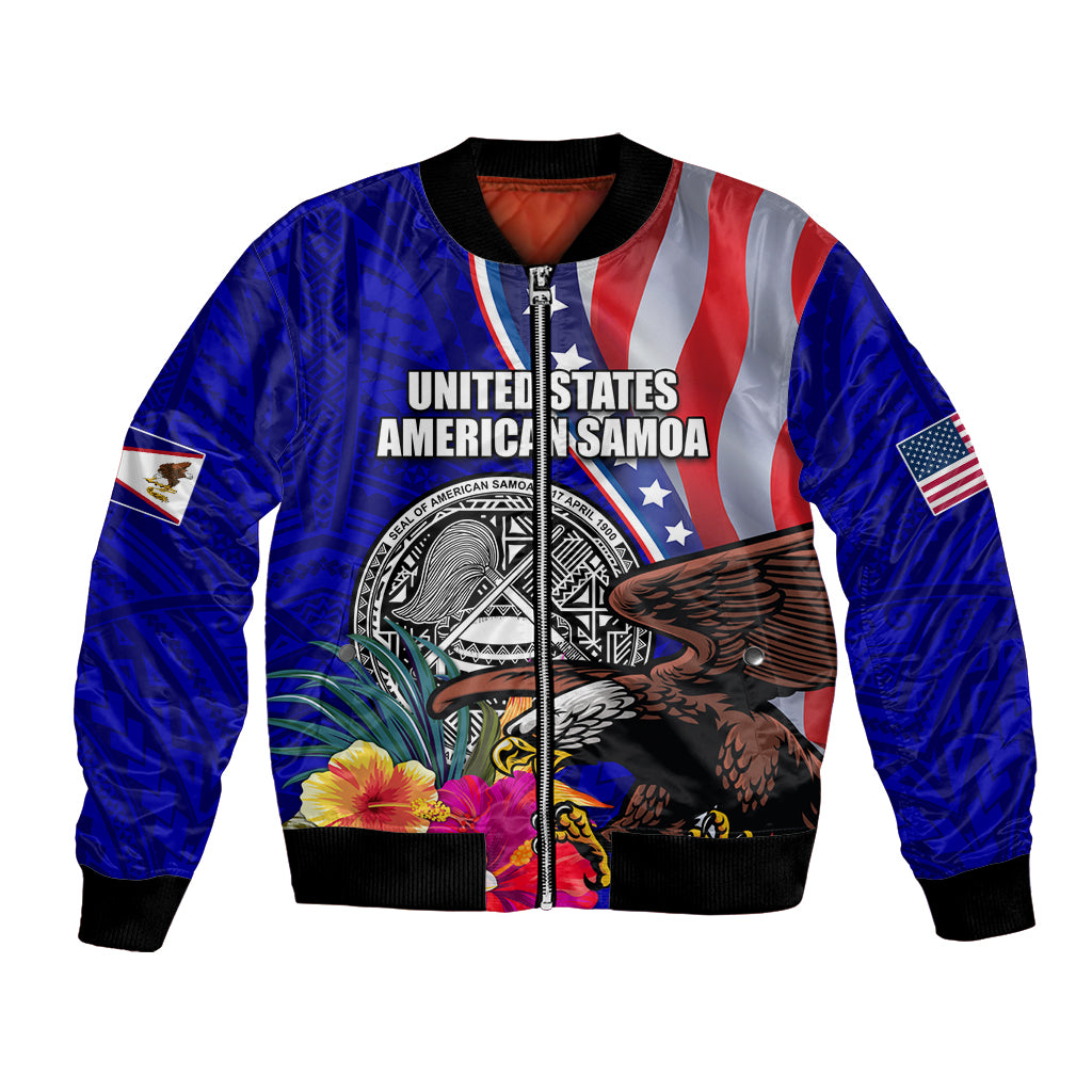 Personalised American Samoa and United States Bomber Jacket Bald Eagle and Seal Hibiscus Polynesian Pattern LT03 Unisex Blue - Polynesian Pride