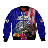 Personalised American Samoa and United States Bomber Jacket Bald Eagle and Seal Hibiscus Polynesian Pattern LT03 Unisex Blue - Polynesian Pride