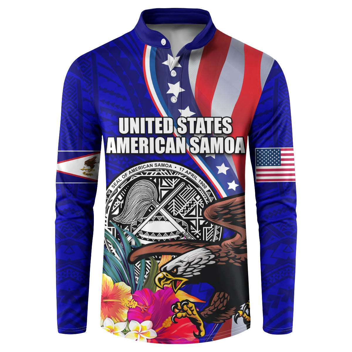 Personalised American Samoa and United States Button Sweatshirt Bald Eagle and Seal Hibiscus Polynesian Pattern LT03 Blue - Polynesian Pride