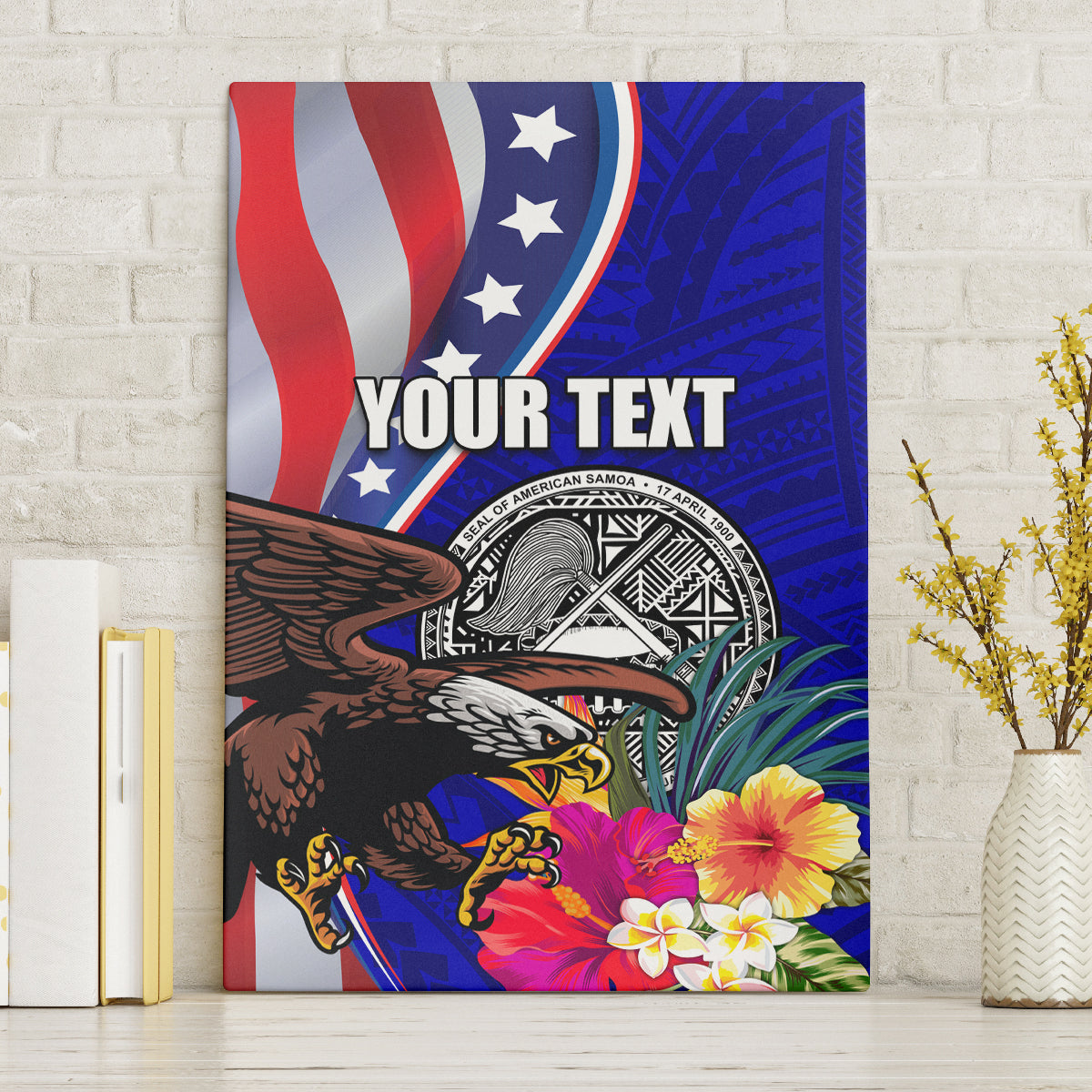 Personalised American Samoa and United States Canvas Wall Art Bald Eagle and Seal Hibiscus Polynesian Pattern