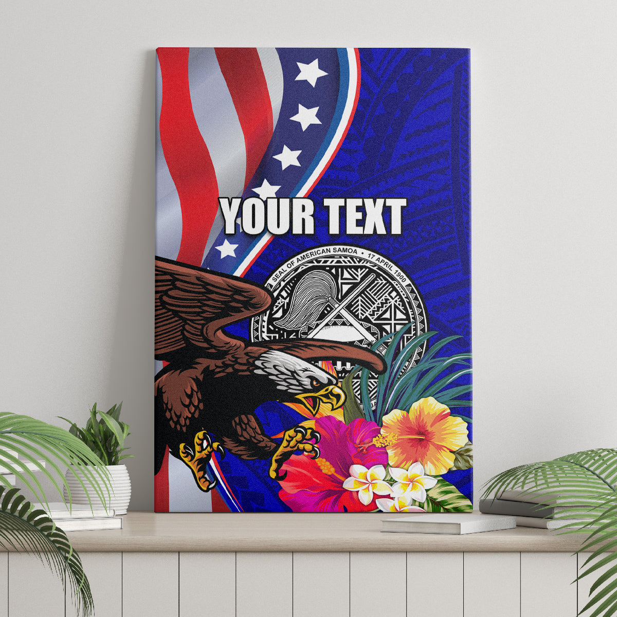 Personalised American Samoa and United States Canvas Wall Art Bald Eagle and Seal Hibiscus Polynesian Pattern LT03 - Polynesian Pride