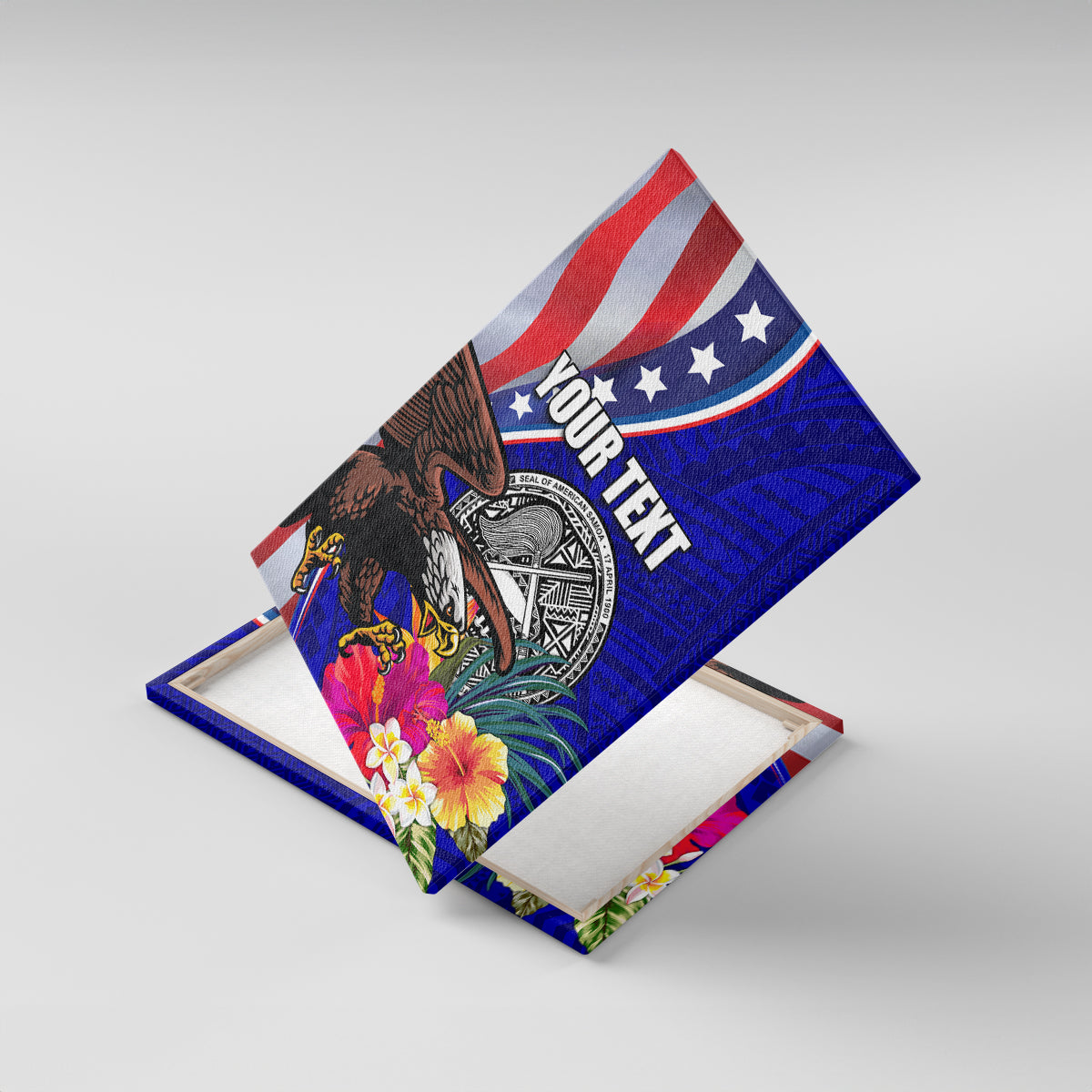 Personalised American Samoa and United States Canvas Wall Art Bald Eagle and Seal Hibiscus Polynesian Pattern LT03 With Frame Blue - Polynesian Pride