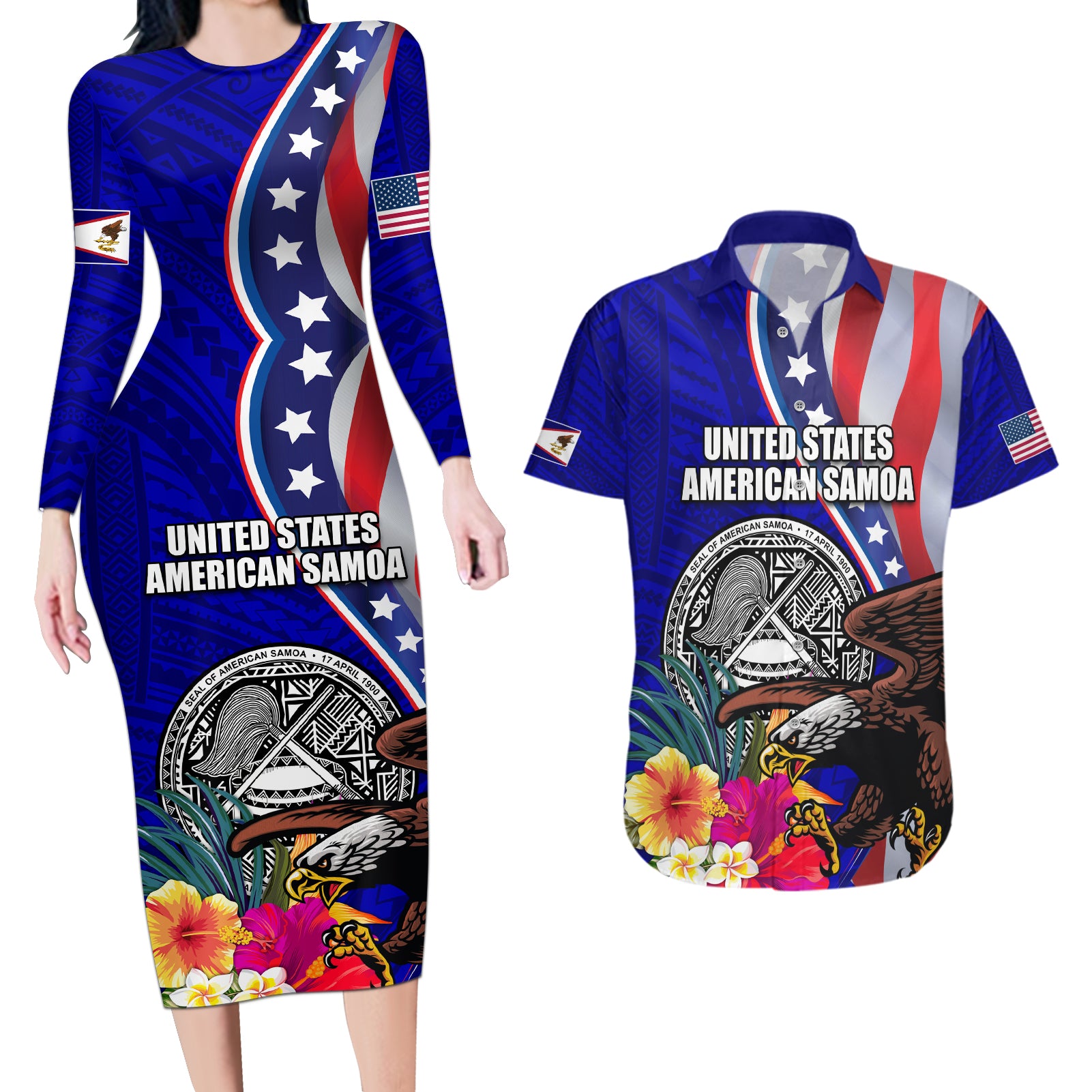 Personalised American Samoa and United States Couples Matching Long Sleeve Bodycon Dress and Hawaiian Shirt Bald Eagle and Seal Hibiscus Polynesian Pattern