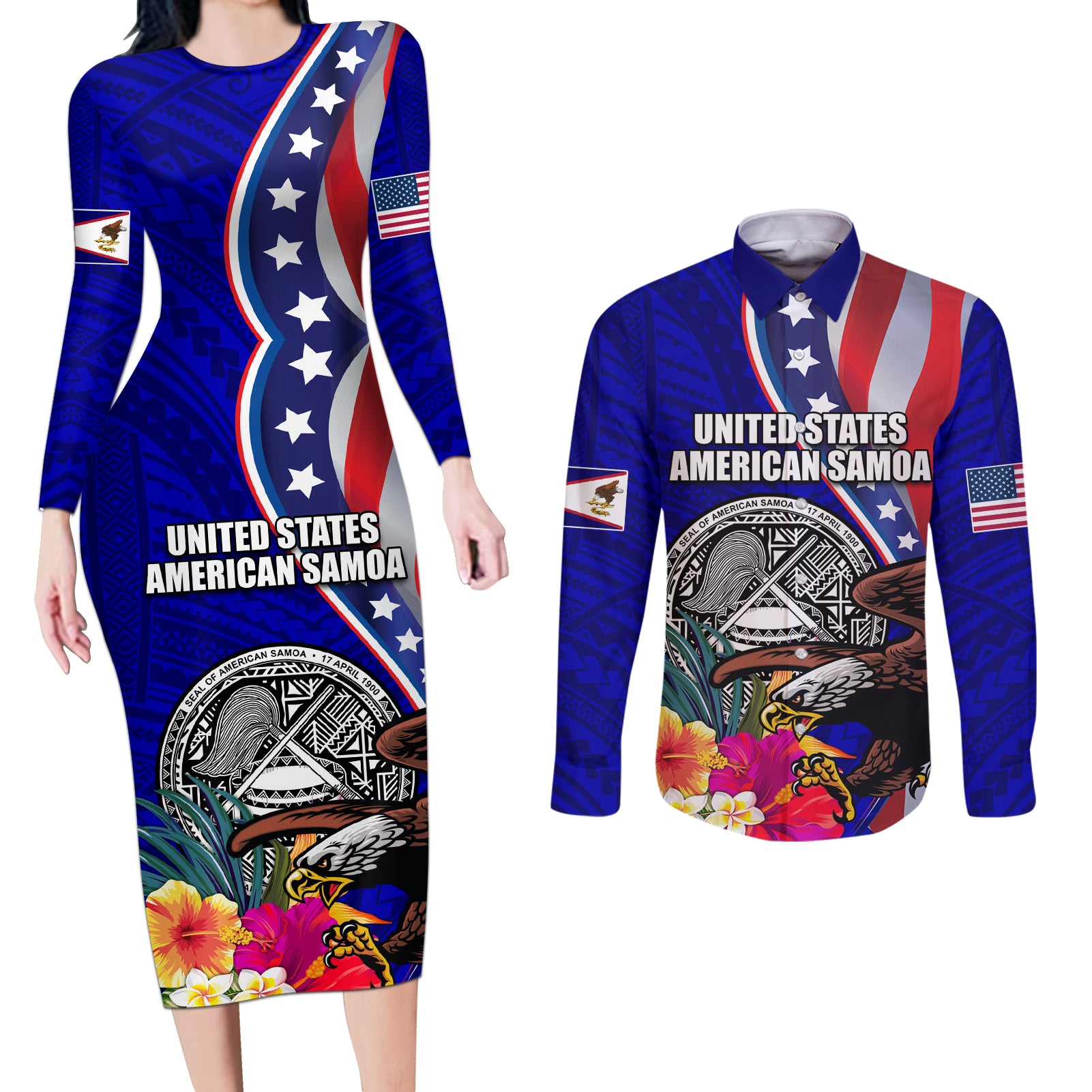 Personalised American Samoa and United States Couples Matching Long Sleeve Bodycon Dress and Long Sleeve Button Shirt Bald Eagle and Seal Hibiscus Polynesian Pattern