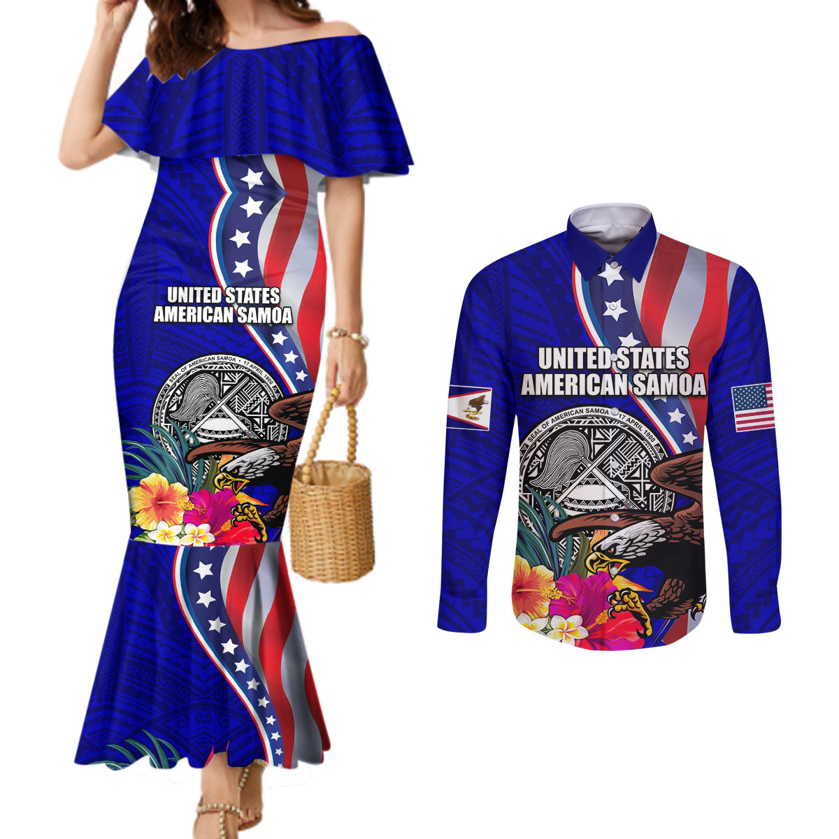 Personalised American Samoa and United States Couples Matching Mermaid Dress and Long Sleeve Button Shirt Bald Eagle and Seal Hibiscus Polynesian Pattern