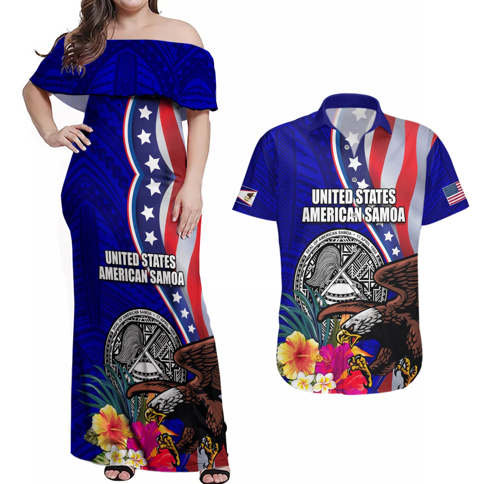 Personalised American Samoa and United States Couples Matching Off Shoulder Maxi Dress and Hawaiian Shirt Bald Eagle and Seal Hibiscus Polynesian Pattern