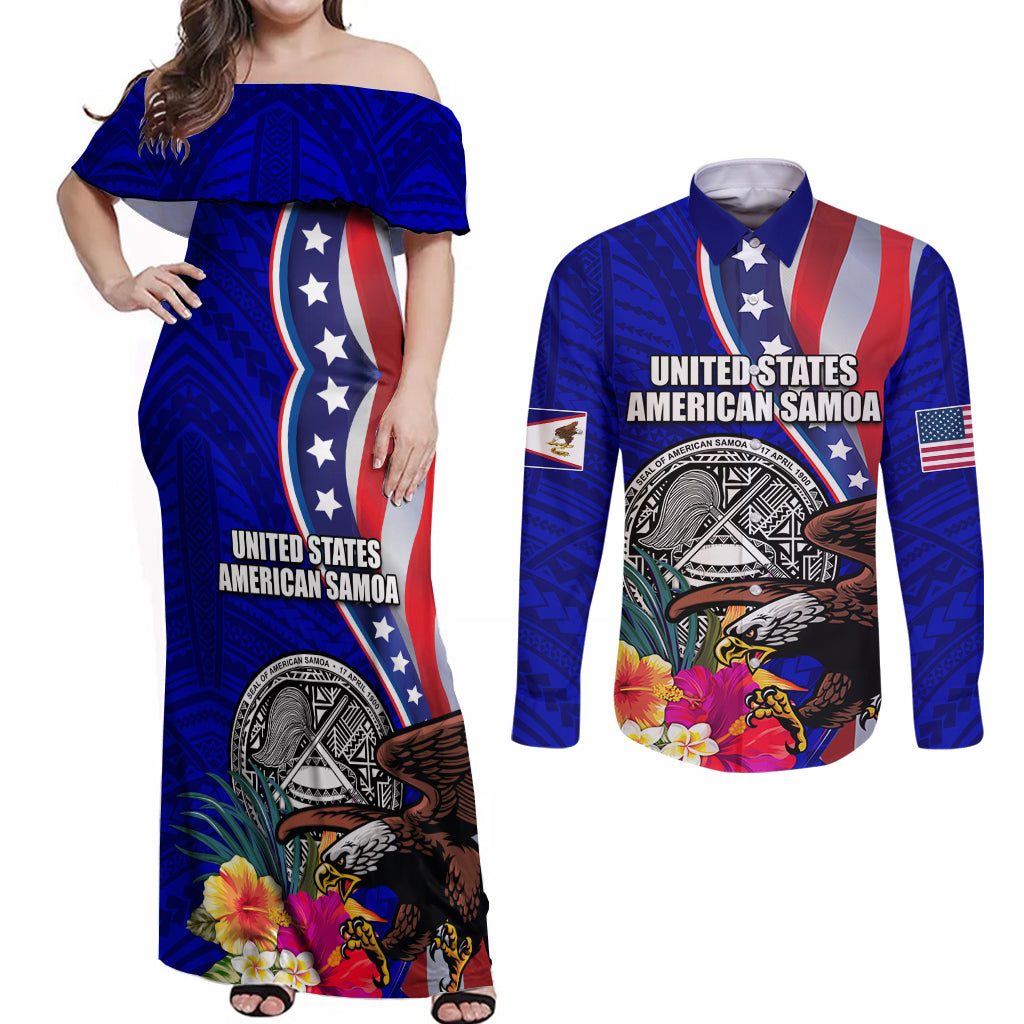 Personalised American Samoa and United States Couples Matching Off Shoulder Maxi Dress and Long Sleeve Button Shirt Bald Eagle and Seal Hibiscus Polynesian Pattern LT03 Blue - Polynesian Pride