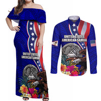 Personalised American Samoa and United States Couples Matching Off Shoulder Maxi Dress and Long Sleeve Button Shirt Bald Eagle and Seal Hibiscus Polynesian Pattern LT03 Blue - Polynesian Pride