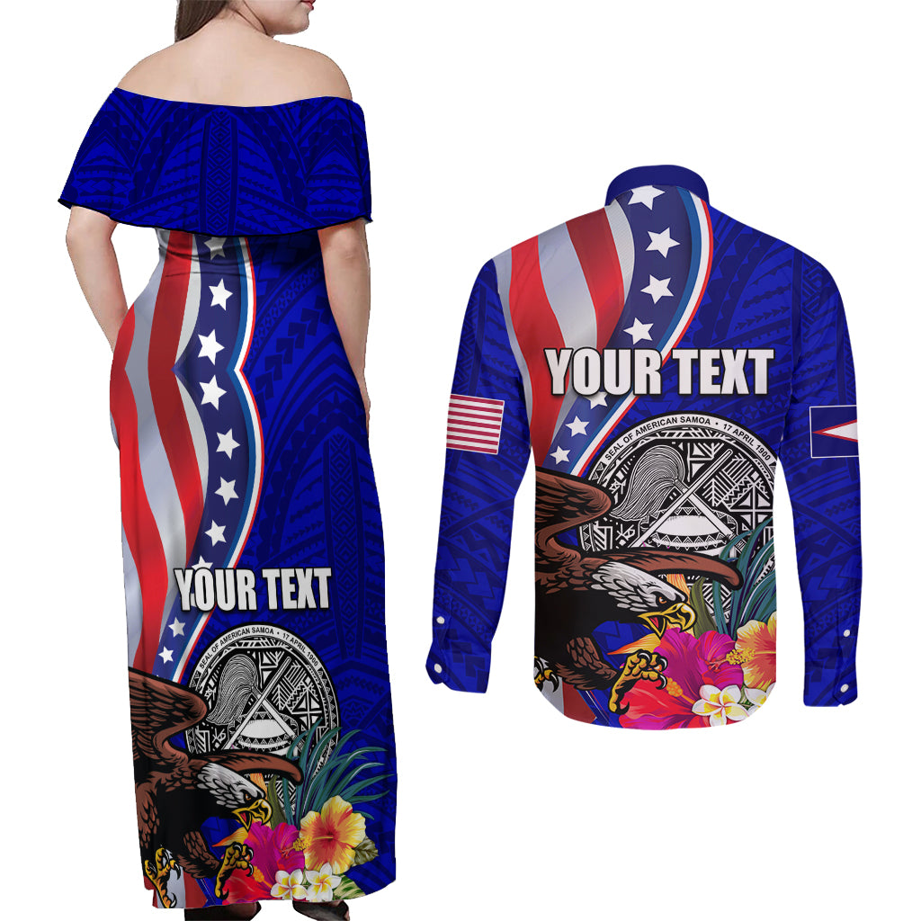 Personalised American Samoa and United States Couples Matching Off Shoulder Maxi Dress and Long Sleeve Button Shirt Bald Eagle and Seal Hibiscus Polynesian Pattern LT03 - Polynesian Pride