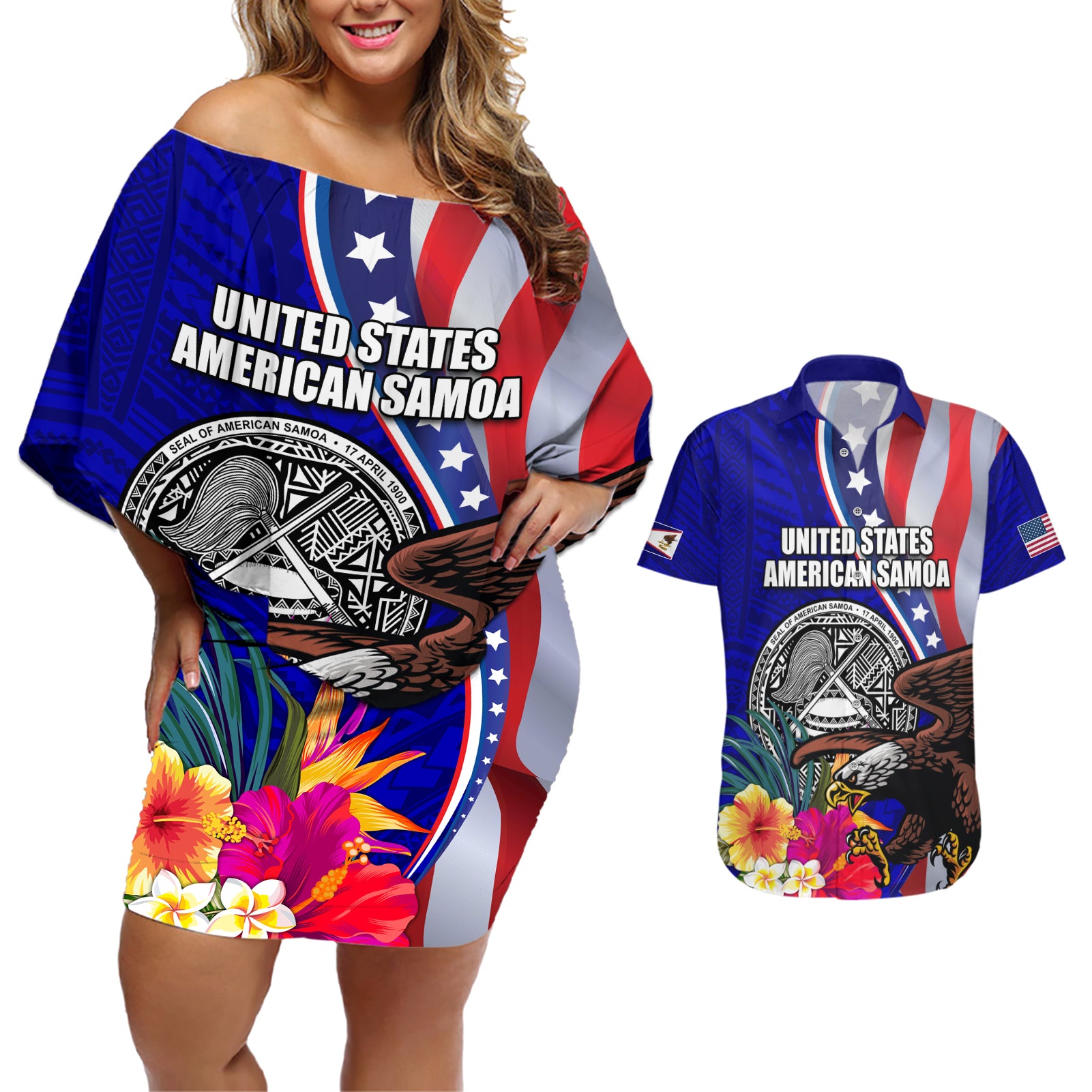 Personalised American Samoa and United States Couples Matching Off Shoulder Short Dress and Hawaiian Shirt Bald Eagle and Seal Hibiscus Polynesian Pattern