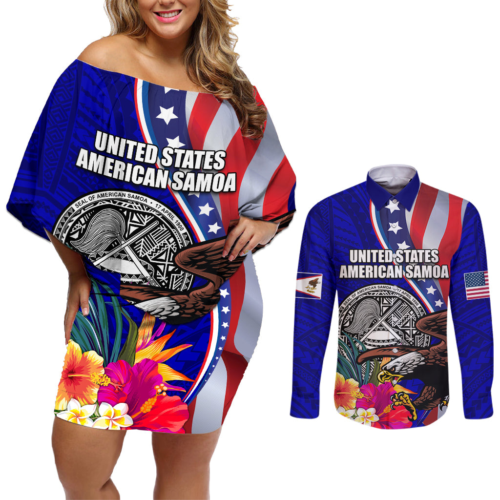 Personalised American Samoa and United States Couples Matching Off Shoulder Short Dress and Long Sleeve Button Shirt Bald Eagle and Seal Hibiscus Polynesian Pattern