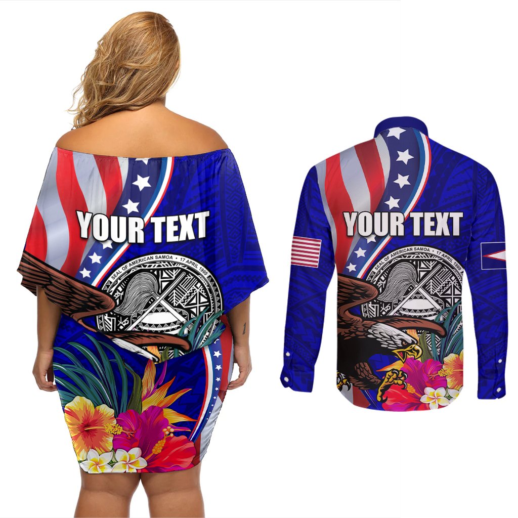 Personalised American Samoa and United States Couples Matching Off Shoulder Short Dress and Long Sleeve Button Shirt Bald Eagle and Seal Hibiscus Polynesian Pattern LT03 - Polynesian Pride