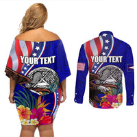 Personalised American Samoa and United States Couples Matching Off Shoulder Short Dress and Long Sleeve Button Shirt Bald Eagle and Seal Hibiscus Polynesian Pattern LT03 - Polynesian Pride