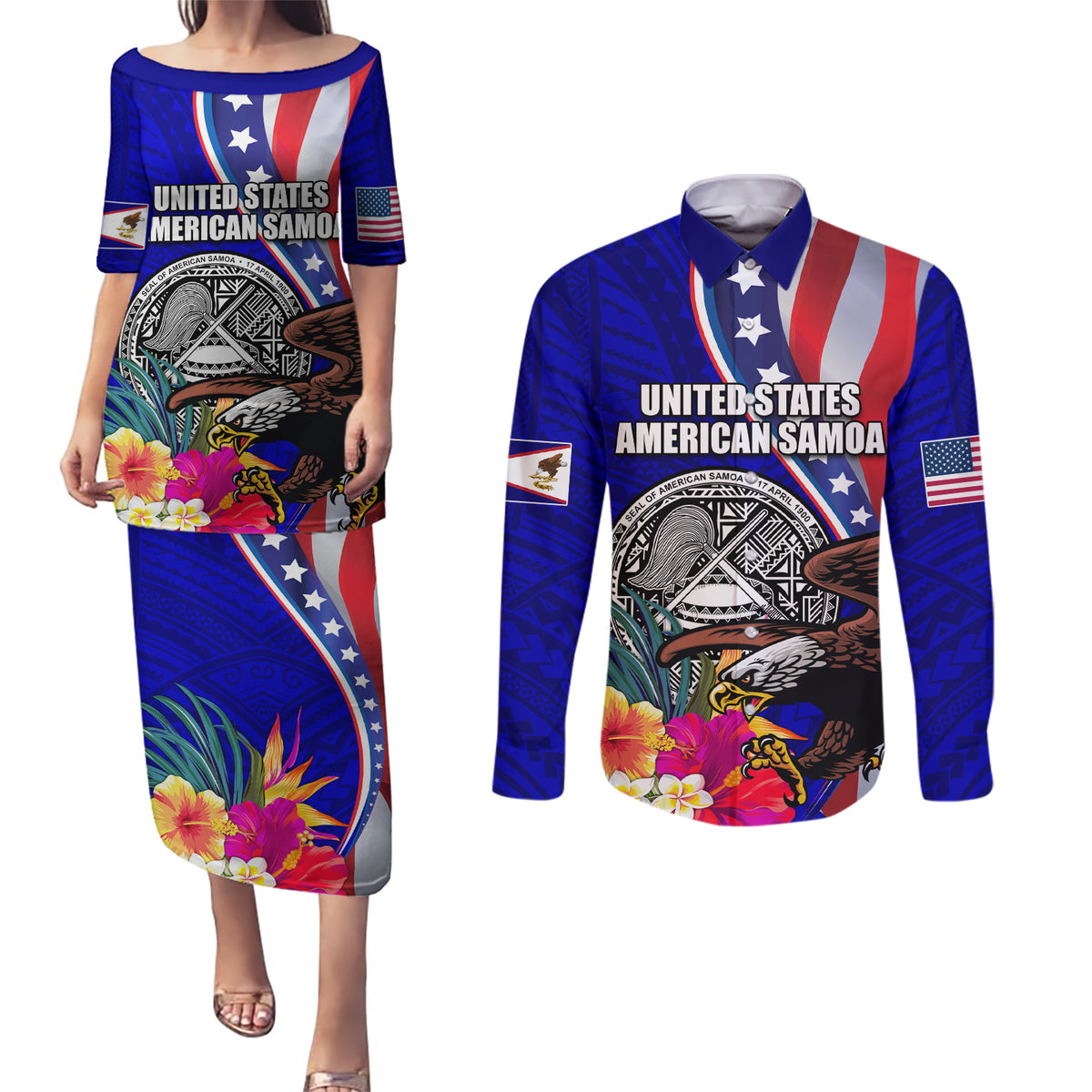 Personalised American Samoa and United States Couples Matching Puletasi and Long Sleeve Button Shirt Bald Eagle and Seal Hibiscus Polynesian Pattern LT03 Blue - Polynesian Pride