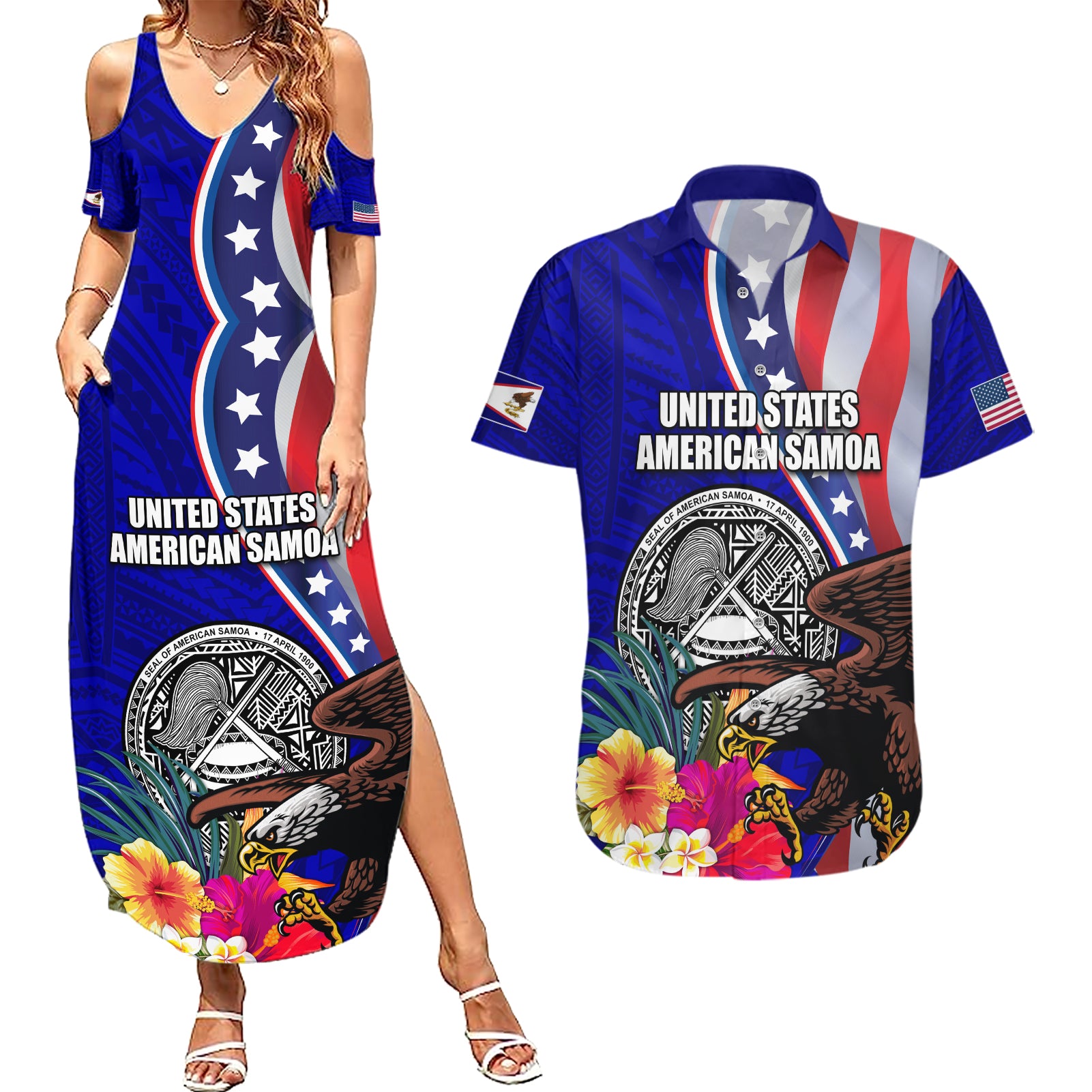 Personalised American Samoa and United States Couples Matching Summer Maxi Dress and Hawaiian Shirt Bald Eagle and Seal Hibiscus Polynesian Pattern