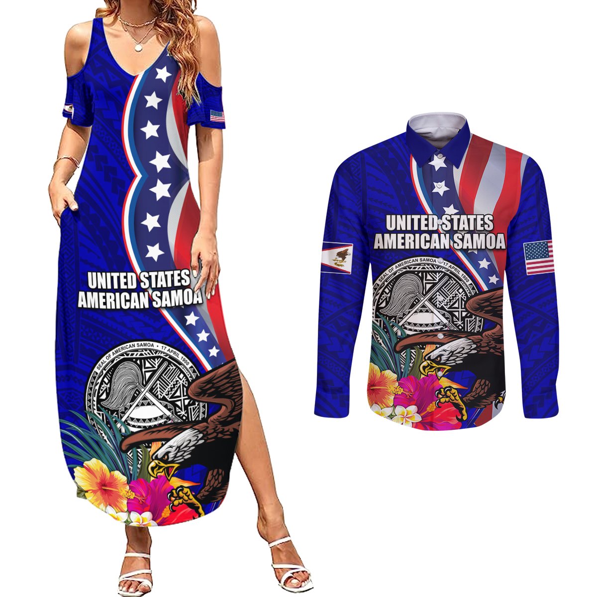 Personalised American Samoa and United States Couples Matching Summer Maxi Dress and Long Sleeve Button Shirt Bald Eagle and Seal Hibiscus Polynesian Pattern LT03 Blue - Polynesian Pride