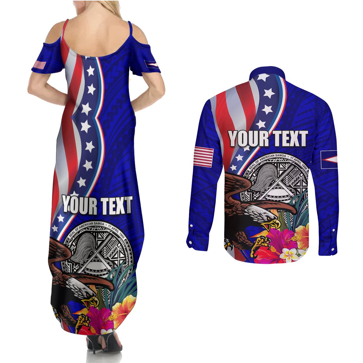 Personalised American Samoa and United States Couples Matching Summer Maxi Dress and Long Sleeve Button Shirt Bald Eagle and Seal Hibiscus Polynesian Pattern LT03 - Polynesian Pride