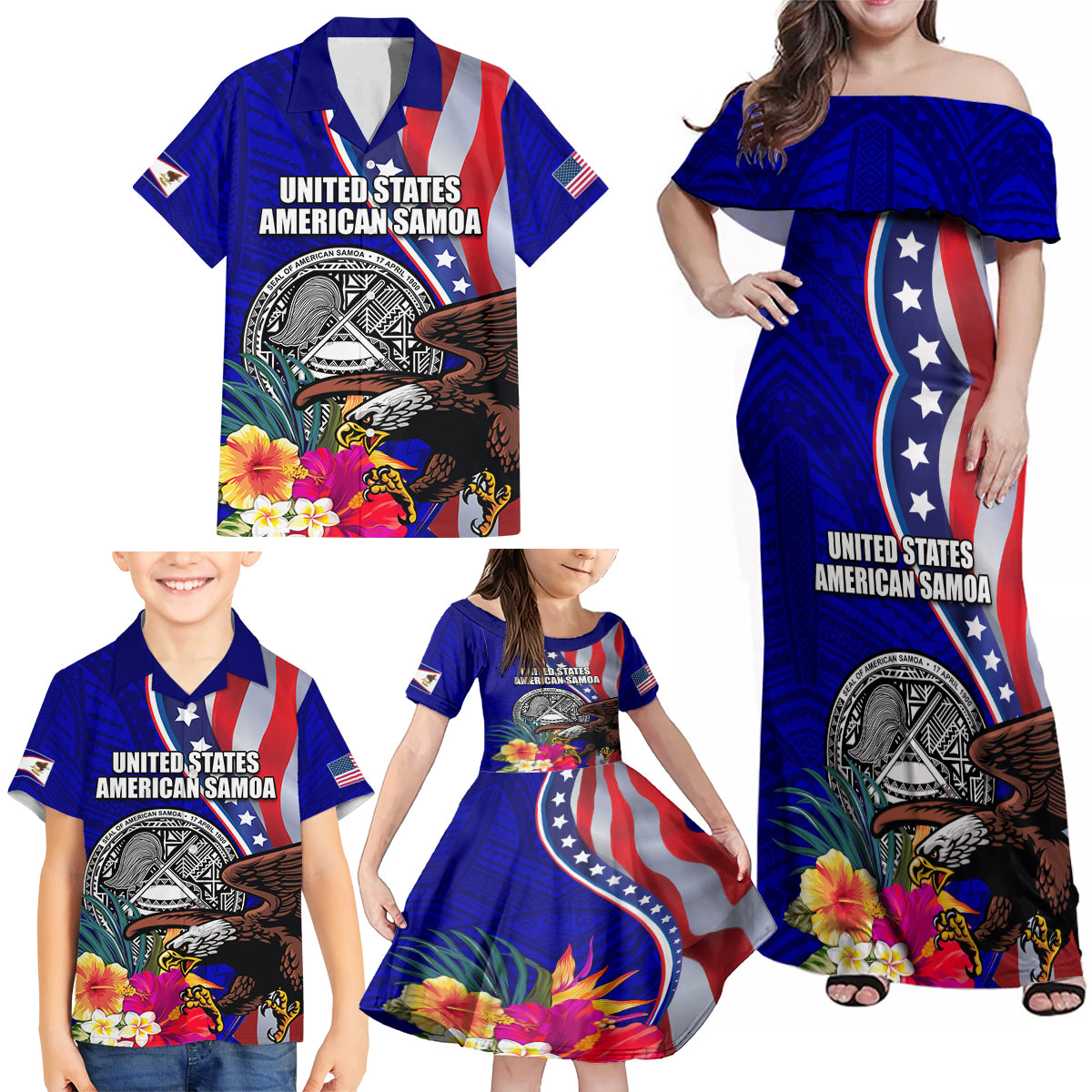 Personalised American Samoa and United States Family Matching Off Shoulder Maxi Dress and Hawaiian Shirt Bald Eagle and Seal Hibiscus Polynesian Pattern