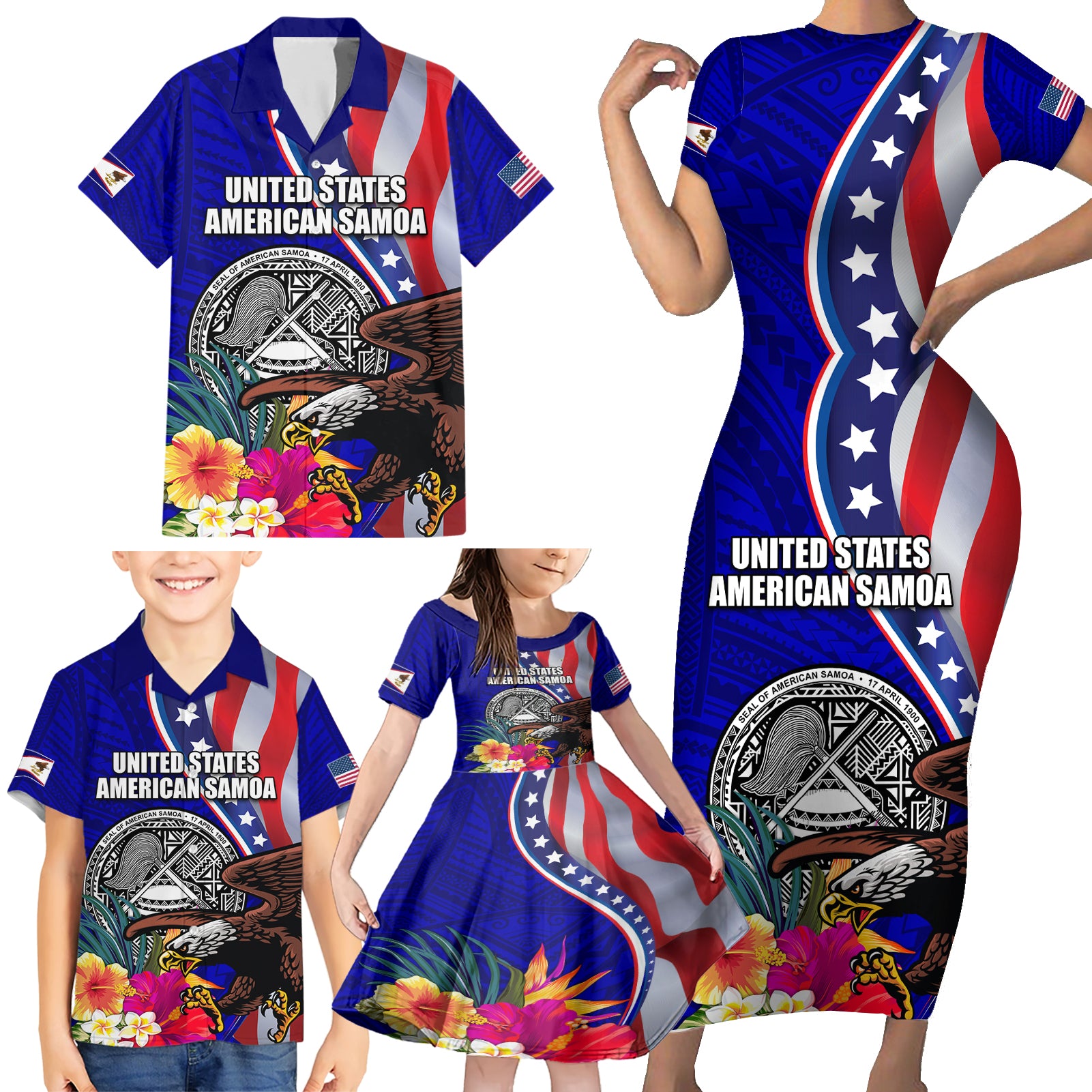 Personalised American Samoa and United States Family Matching Short Sleeve Bodycon Dress and Hawaiian Shirt Bald Eagle and Seal Hibiscus Polynesian Pattern