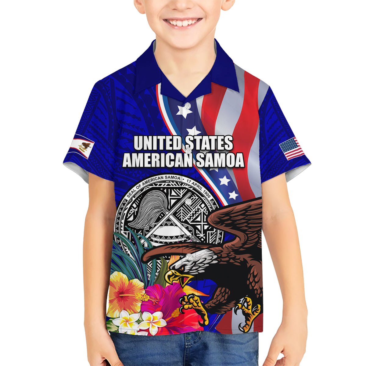 Personalised American Samoa and United States Hawaiian Shirt Bald Eagle and Seal Hibiscus Polynesian Pattern