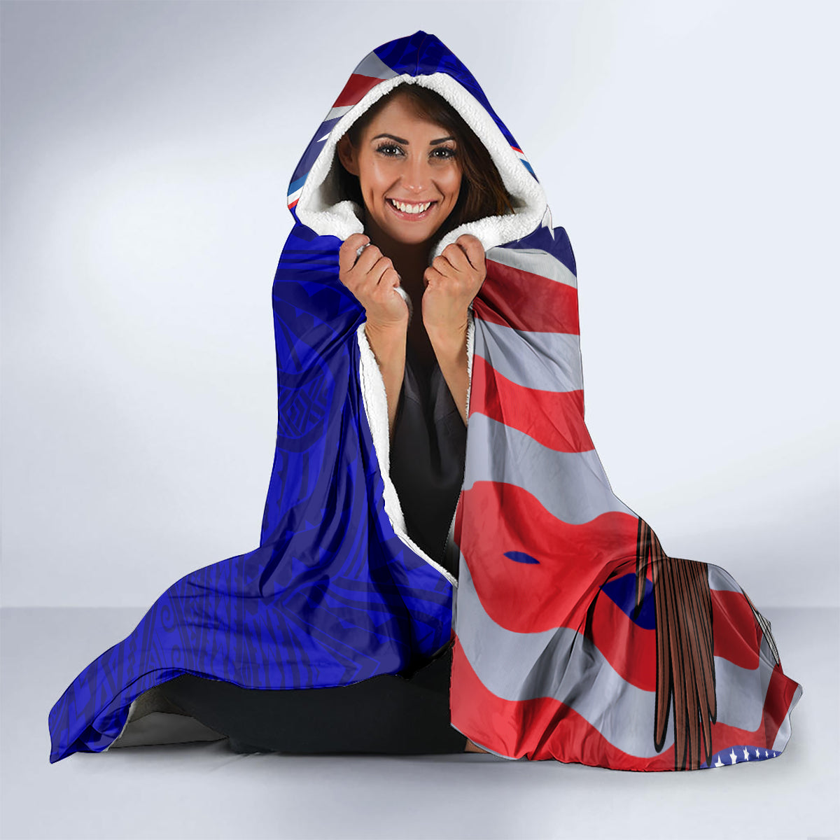 Personalised American Samoa and United States Hooded Blanket Bald Eagle and Seal Hibiscus Polynesian Pattern LT03 - Polynesian Pride