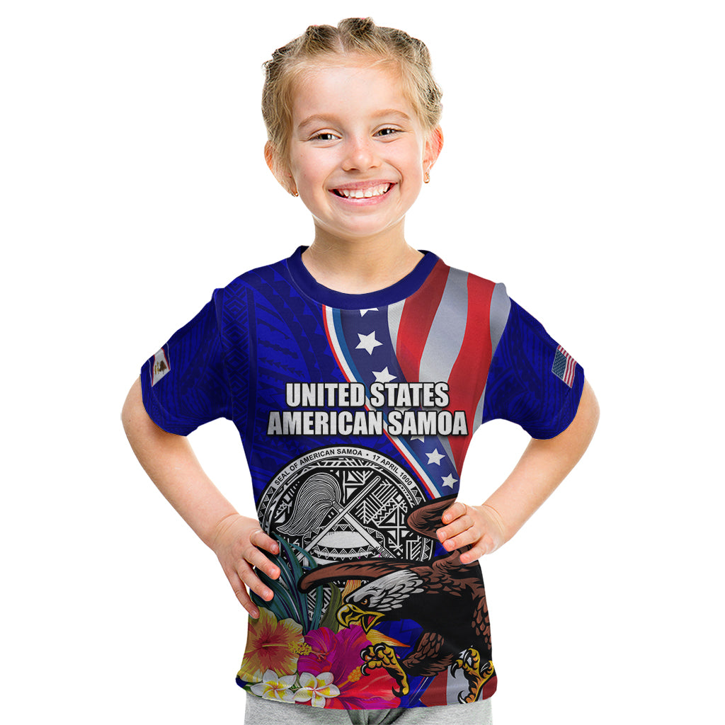 Personalised American Samoa and United States Kid T Shirt Bald Eagle and Seal Hibiscus Polynesian Pattern