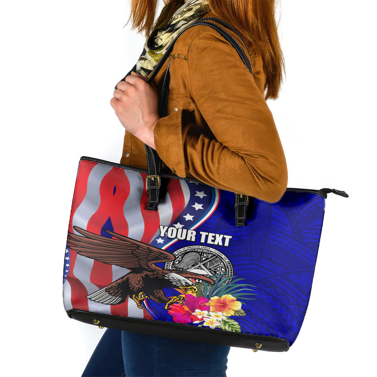 Personalised American Samoa and United States Leather Tote Bag Bald Eagle and Seal Hibiscus Polynesian Pattern LT03 Blue - Polynesian Pride