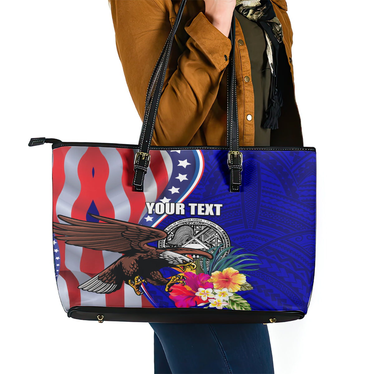 Personalised American Samoa and United States Leather Tote Bag Bald Eagle and Seal Hibiscus Polynesian Pattern LT03 - Polynesian Pride