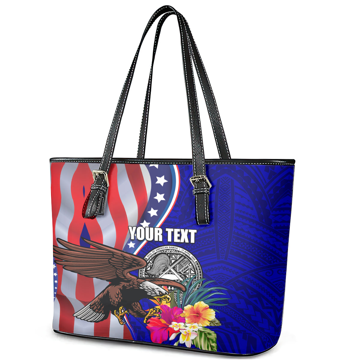 Personalised American Samoa and United States Leather Tote Bag Bald Eagle and Seal Hibiscus Polynesian Pattern LT03 - Polynesian Pride