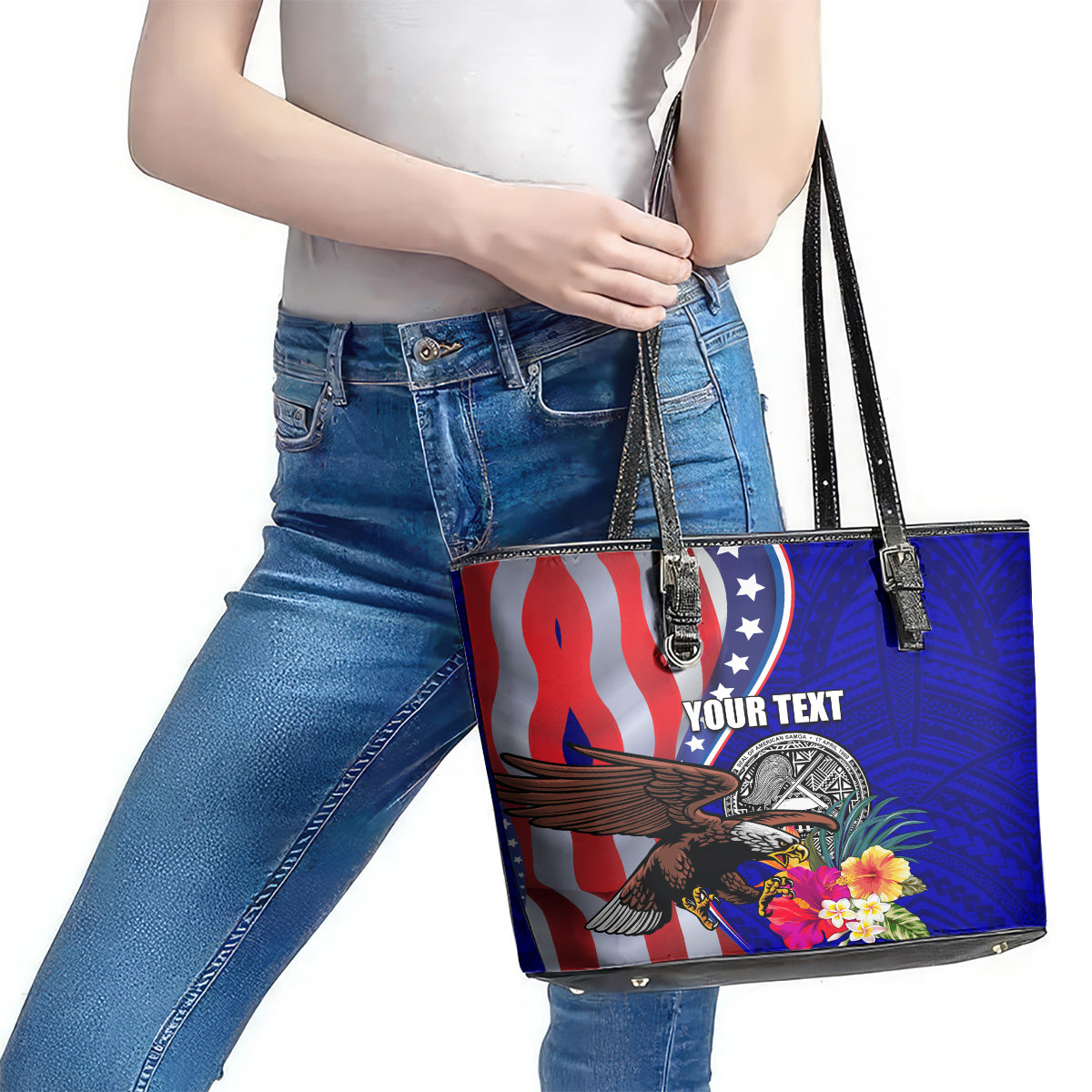 Personalised American Samoa and United States Leather Tote Bag Bald Eagle and Seal Hibiscus Polynesian Pattern LT03 - Polynesian Pride