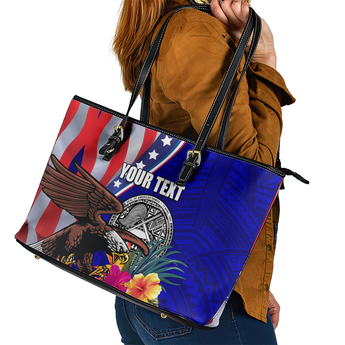 Personalised American Samoa and United States Leather Tote Bag Bald Eagle and Seal Hibiscus Polynesian Pattern LT03 - Polynesian Pride