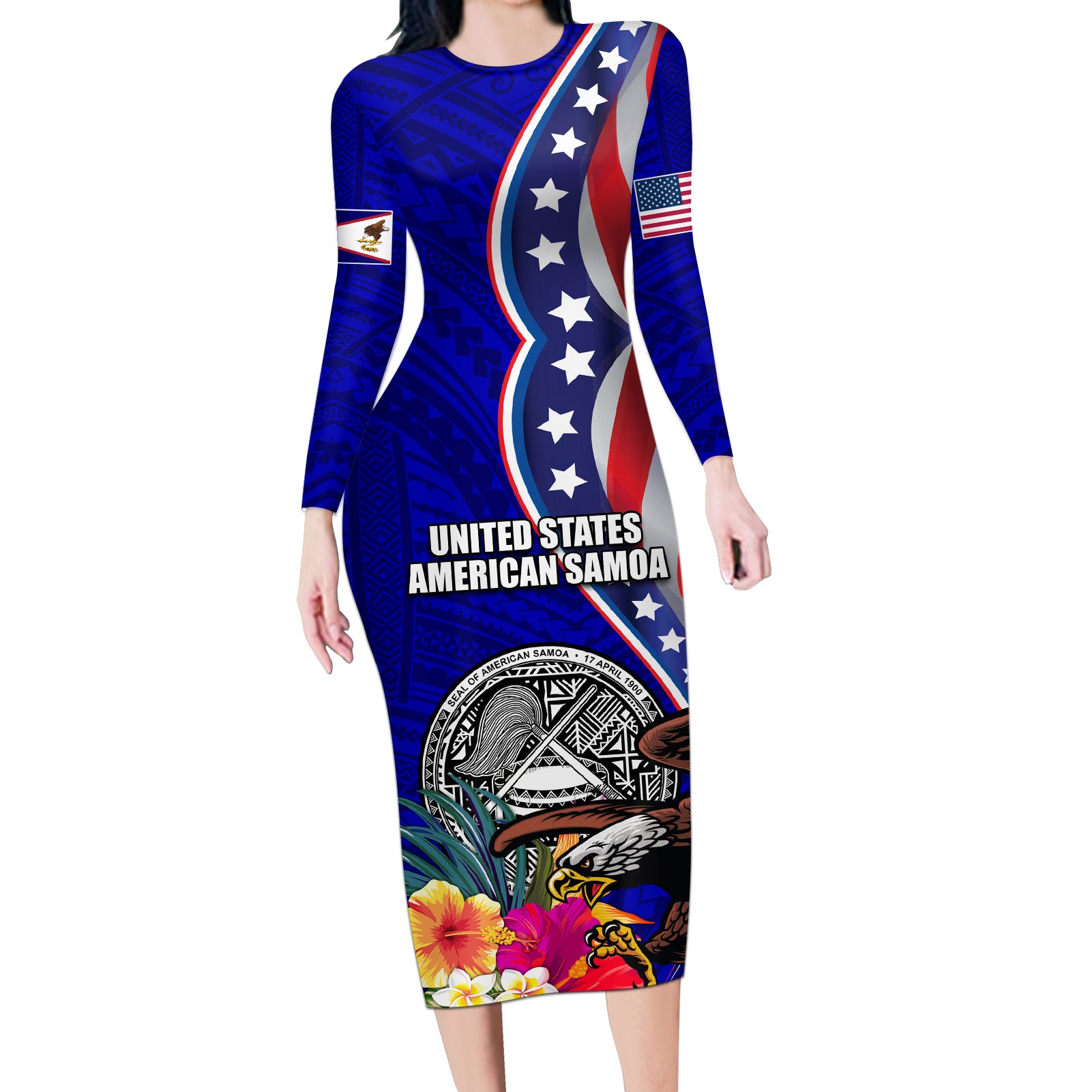 Personalised American Samoa and United States Long Sleeve Bodycon Dress Bald Eagle and Seal Hibiscus Polynesian Pattern