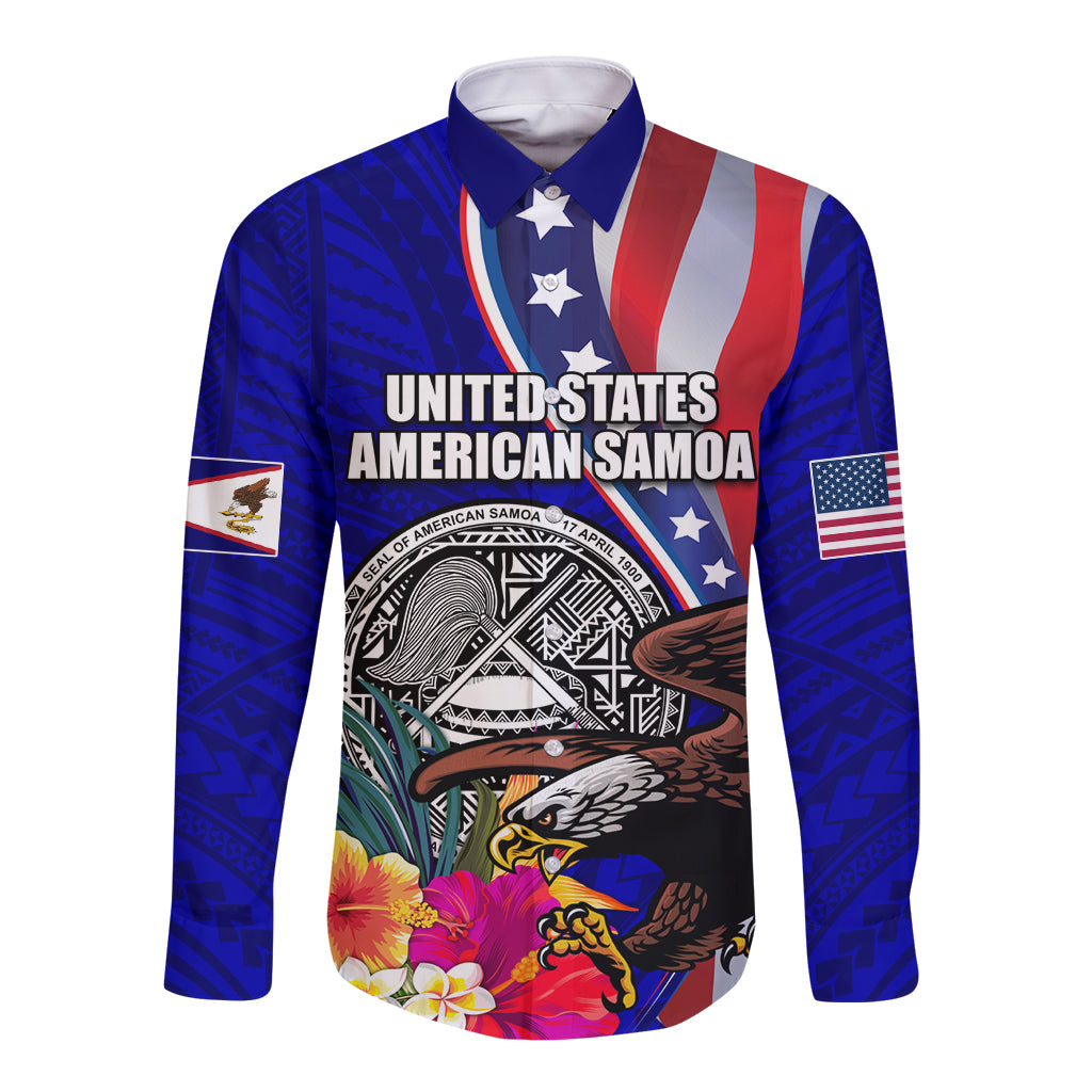 Personalised American Samoa and United States Long Sleeve Button Shirt Bald Eagle and Seal Hibiscus Polynesian Pattern