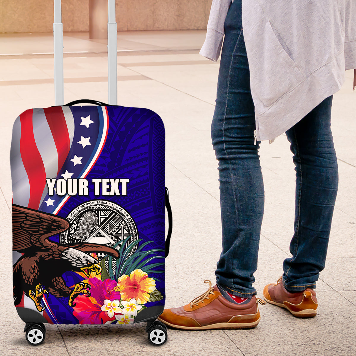 Personalised American Samoa and United States Luggage Cover Bald Eagle and Seal Hibiscus Polynesian Pattern