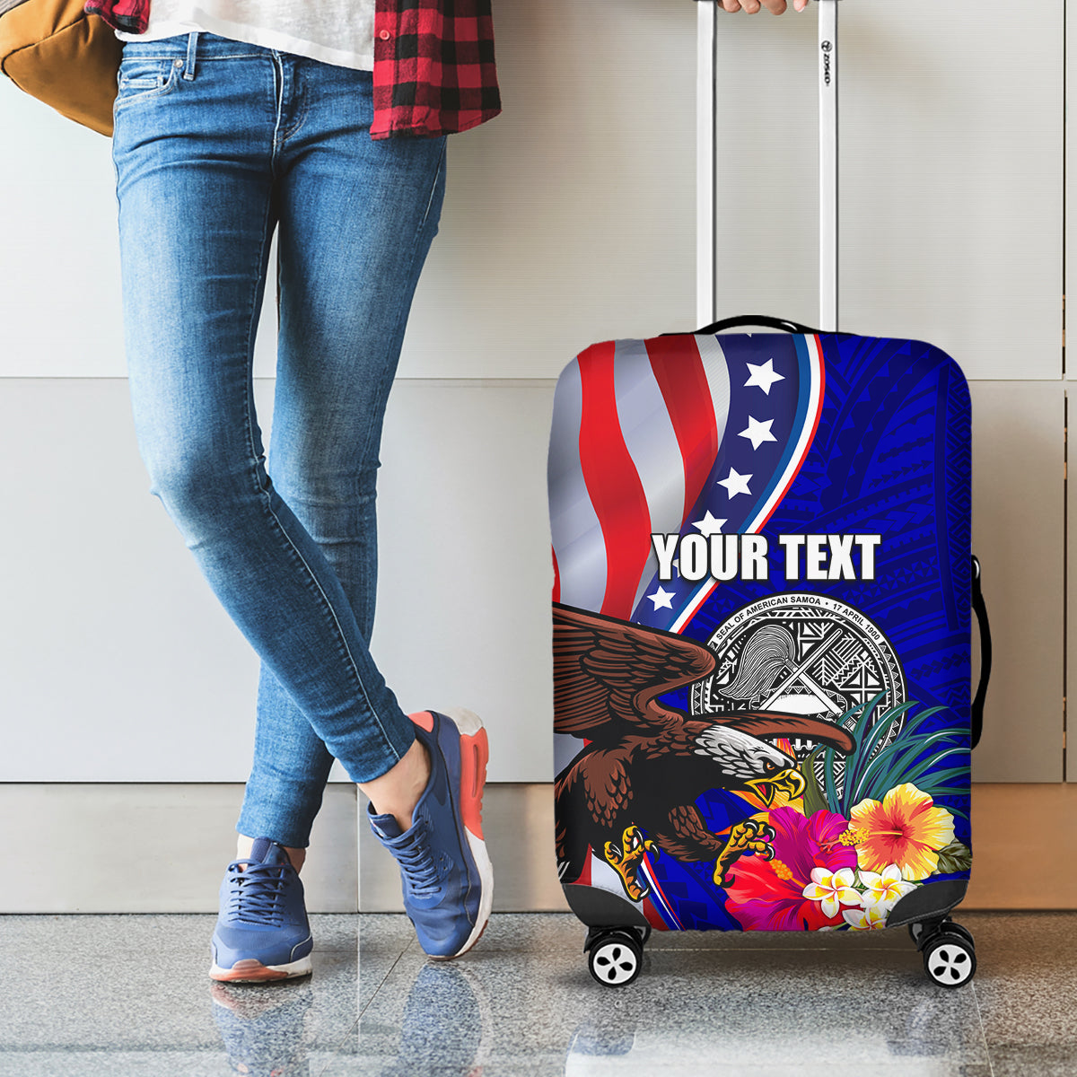 Personalised American Samoa and United States Luggage Cover Bald Eagle and Seal Hibiscus Polynesian Pattern
