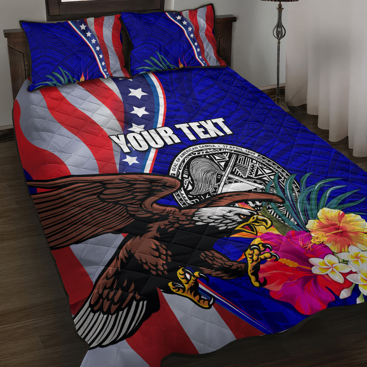 Personalised American Samoa and United States Quilt Bed Set Bald Eagle and Seal Hibiscus Polynesian Pattern