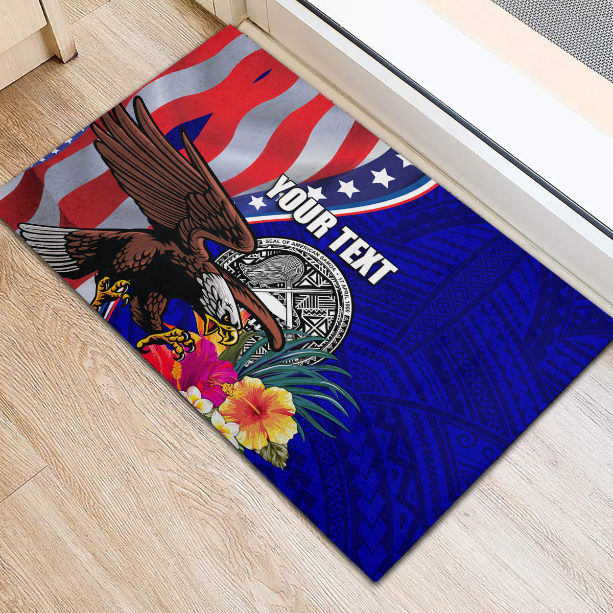 Personalised American Samoa and United States Rubber Doormat Bald Eagle and Seal Hibiscus Polynesian Pattern LT03 - Polynesian Pride