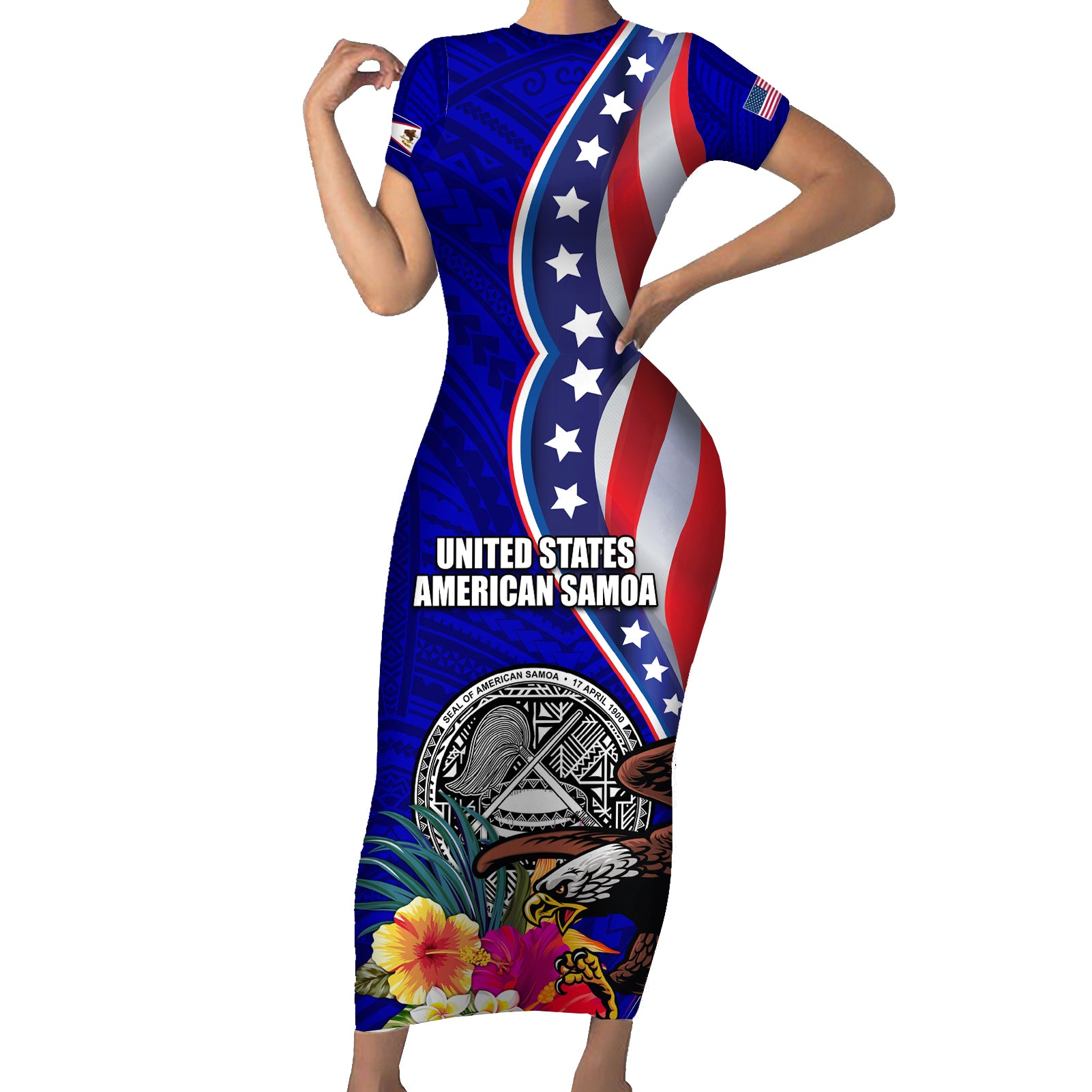 Personalised American Samoa and United States Short Sleeve Bodycon Dress Bald Eagle and Seal Hibiscus Polynesian Pattern