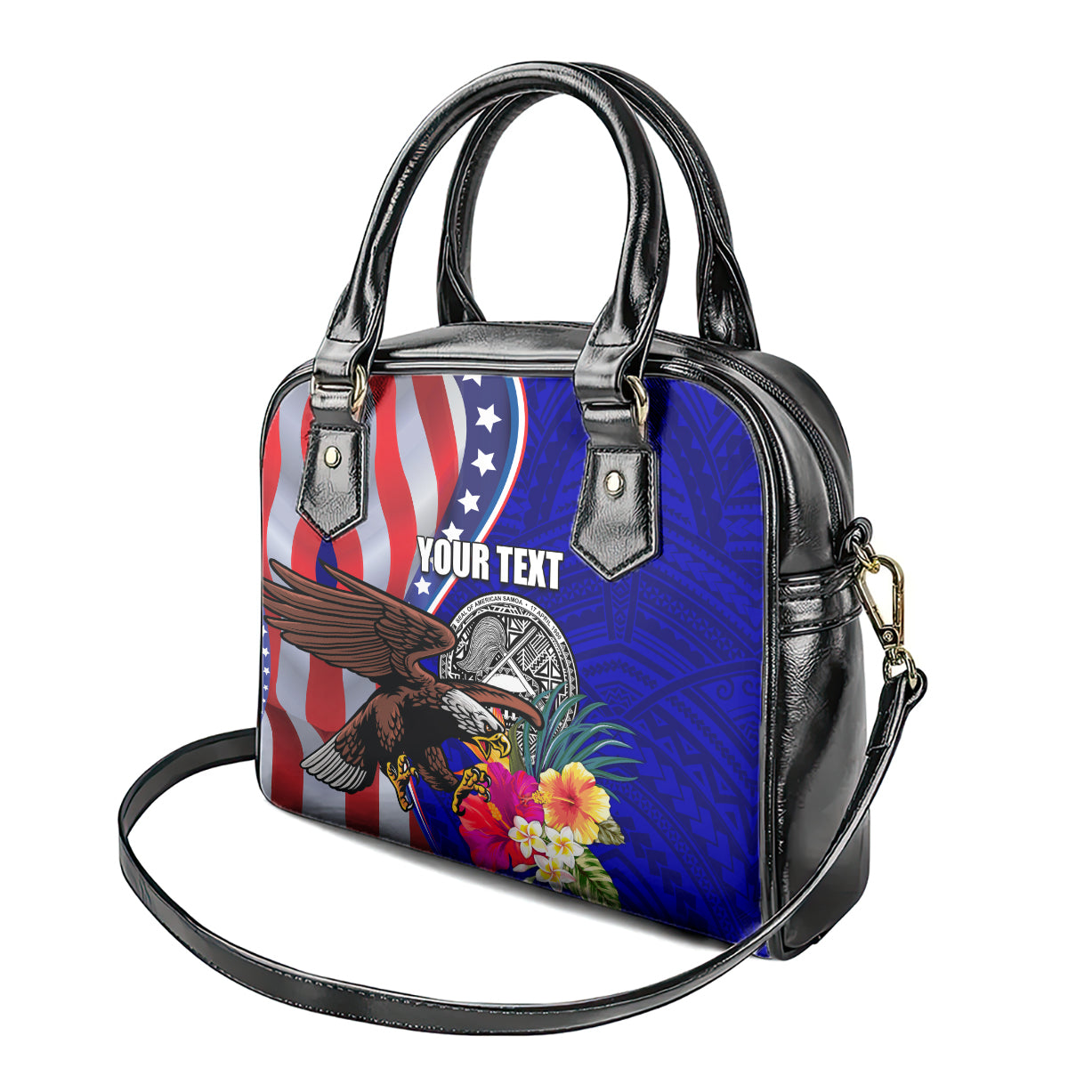 Personalised American Samoa and United States Shoulder Handbag Bald Eagle and Seal Hibiscus Polynesian Pattern