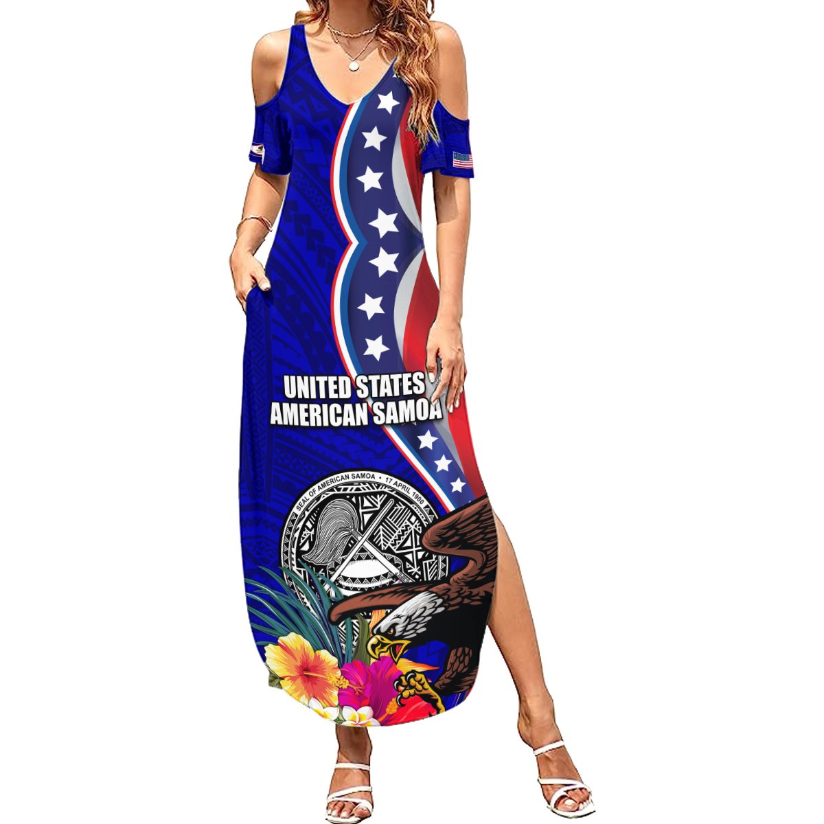 Personalised American Samoa and United States Summer Maxi Dress Bald Eagle and Seal Hibiscus Polynesian Pattern LT03 Women Blue - Polynesian Pride