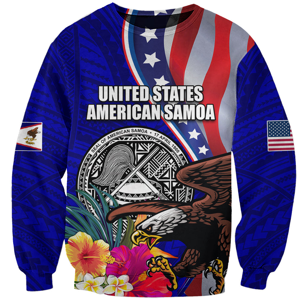 Personalised American Samoa and United States Sweatshirt Bald Eagle and Seal Hibiscus Polynesian Pattern LT03 Unisex Blue - Polynesian Pride