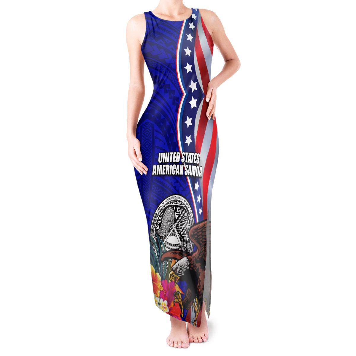 Personalised American Samoa and United States Tank Maxi Dress Bald Eagle and Seal Hibiscus Polynesian Pattern