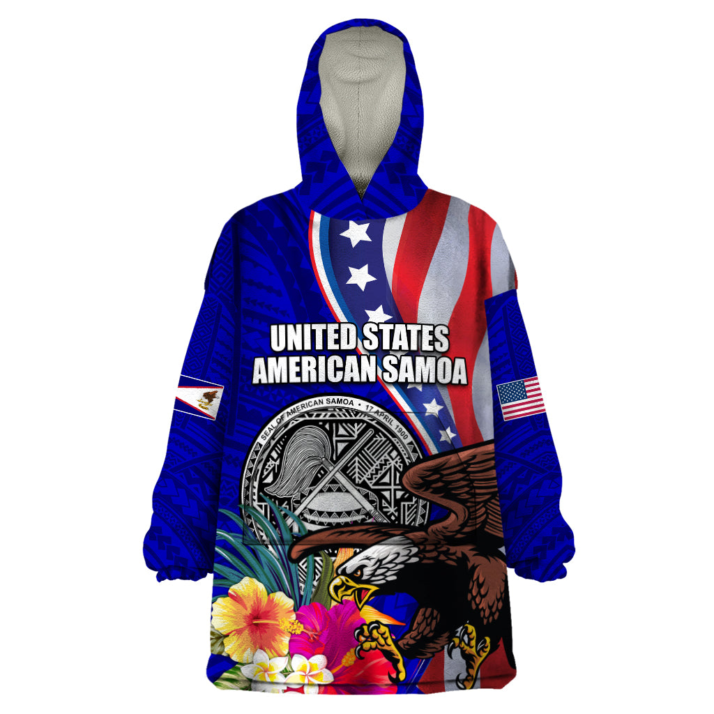 Personalised American Samoa and United States Wearable Blanket Hoodie Bald Eagle and Seal Hibiscus Polynesian Pattern LT03 One Size Blue - Polynesian Pride